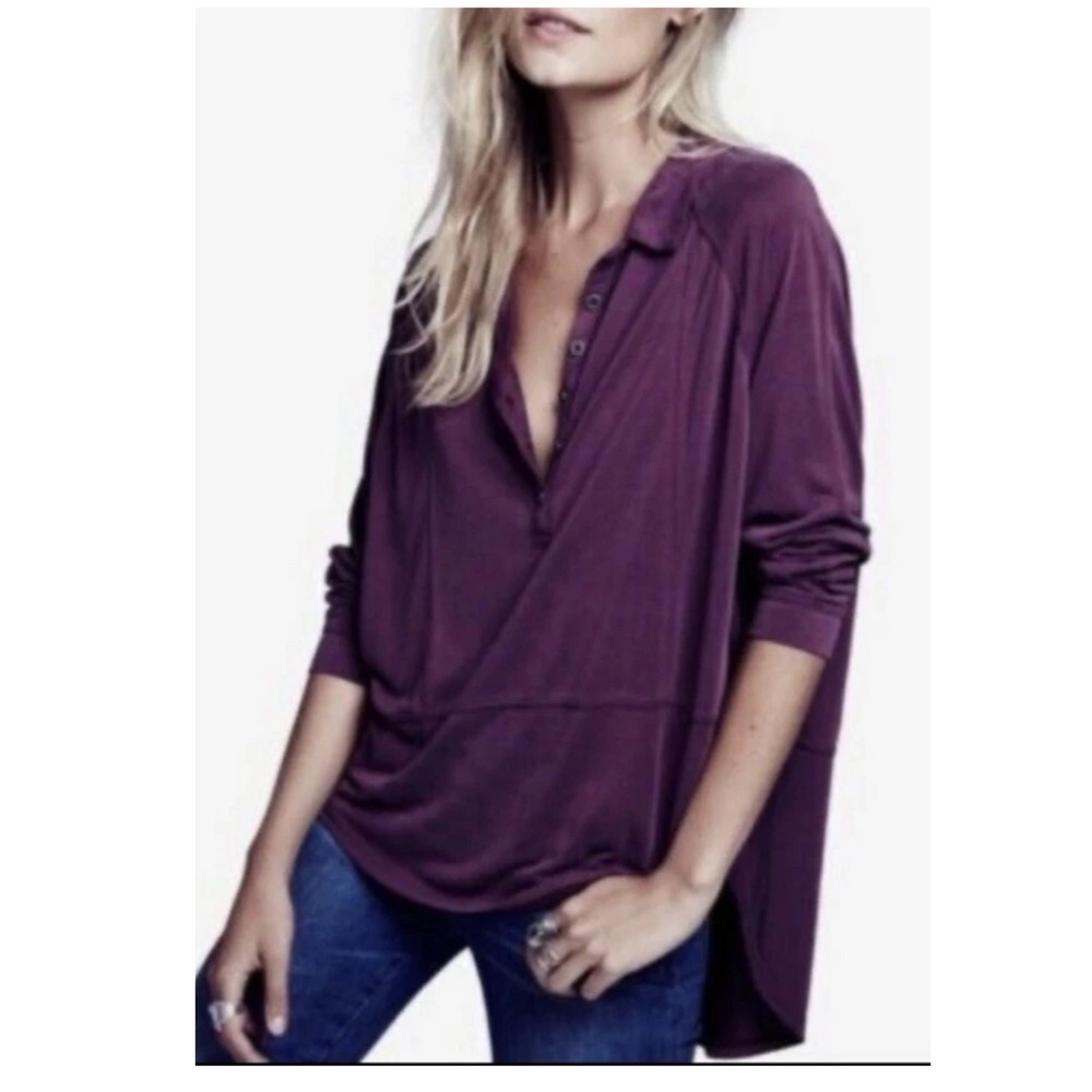 We The‎ Free Henley Women Purple Oversized High Low Modal Blend Long Sleeve Top